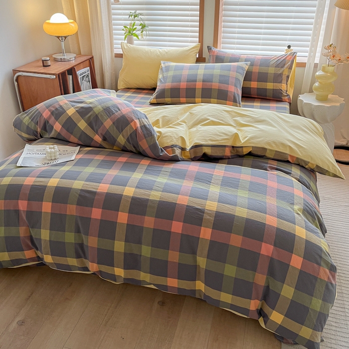 91家纺网 家纺一手货源 找家纺 启程家纺 2026新款全棉A类水洗棉多规格四件套单品-四件套 牛油果灰大格