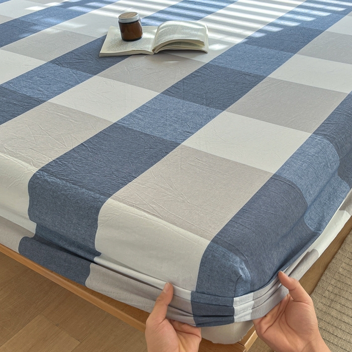 91家纺网 家纺一手货源 找家纺 启程家纺 2026新款全棉A类水洗棉多规格四件套单品-单床笠 蓝大格