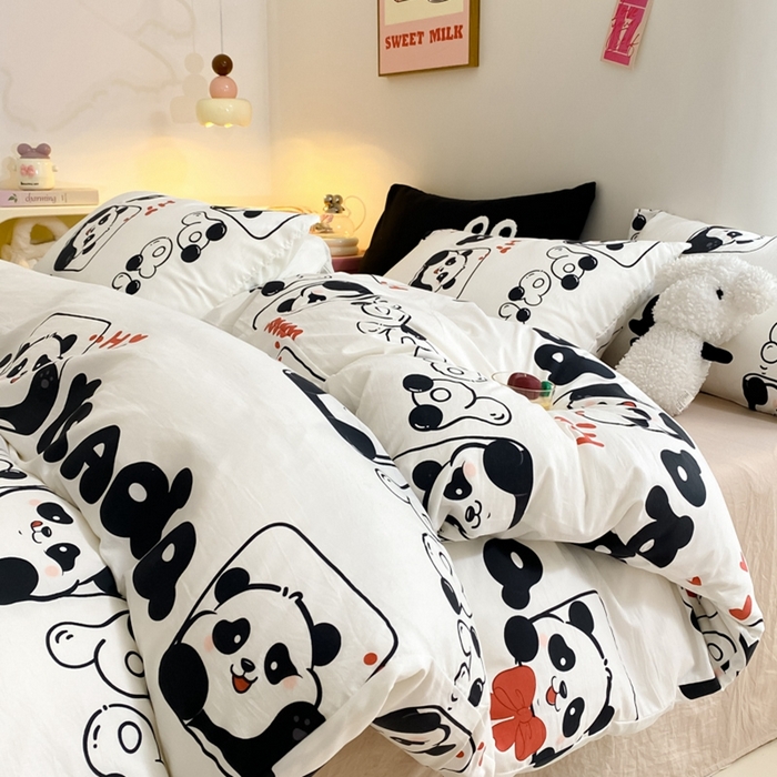 91家纺网 家纺一手货源 找家纺 葡萄家 2024新款双层纱云柔水洗棉萌趣卡通系列四件套（提供买家秀联系客服） 可爱熊猫