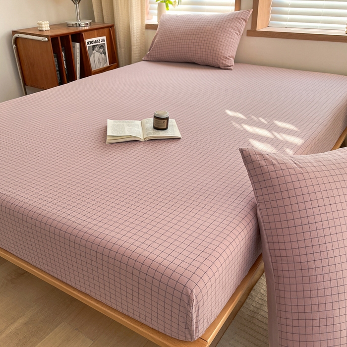 91家纺网 家纺一手货源 找家纺 启程家纺 2026新款全棉A类水洗棉多规格四件套单品-单床笠 粉小方格