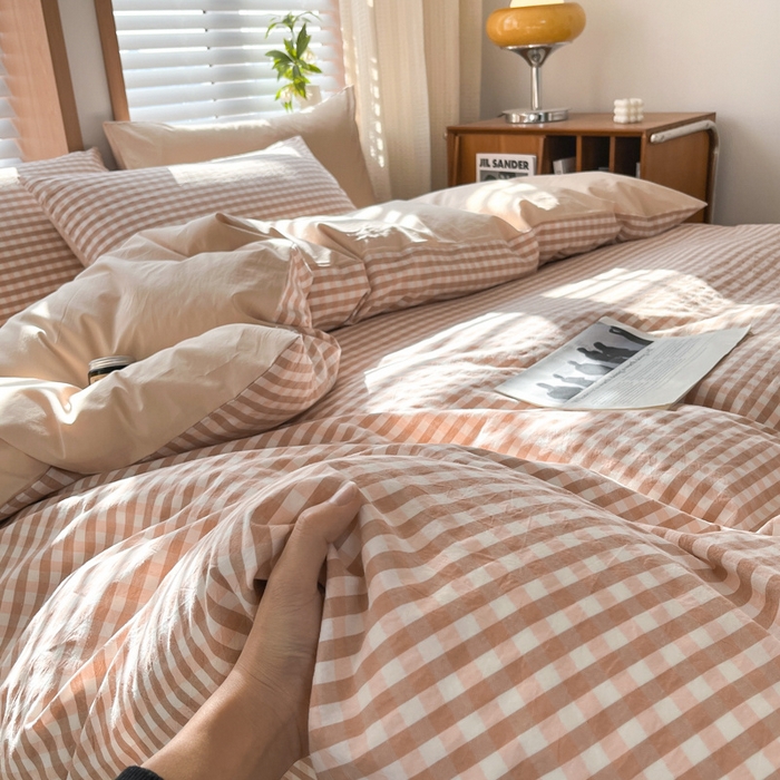 91家纺网 家纺一手货源 找家纺 启程家纺 2026新款全棉A类水洗棉多规格四件套单品-四件套 粉小格