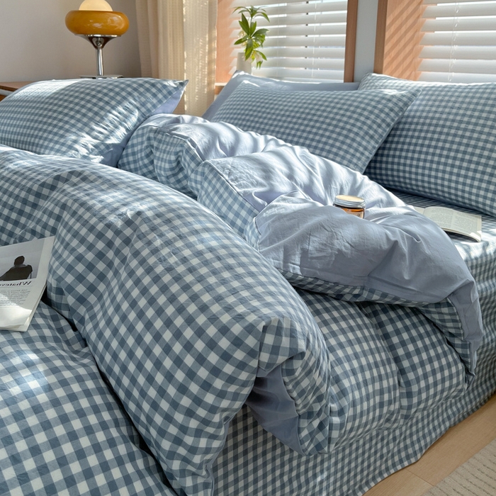 91家纺网 家纺一手货源 找家纺 启程家纺 2026新款全棉A类水洗棉多规格四件套单品-四件套 浅蓝小格