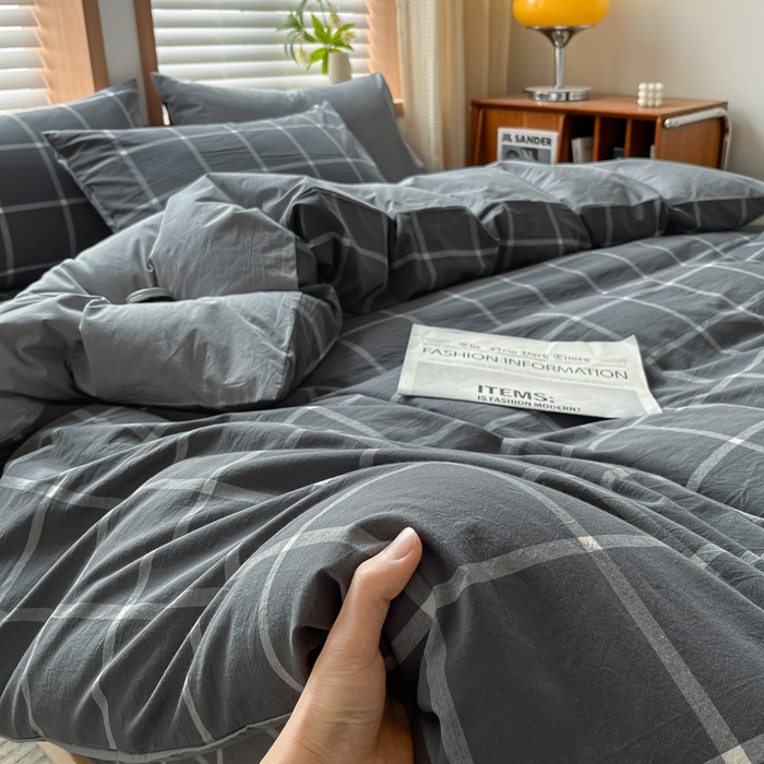 91家纺网 家纺一手货源 找家纺 启程家纺 2026新款全棉A类水洗棉多规格四件套单品-四件套 暗灰中格