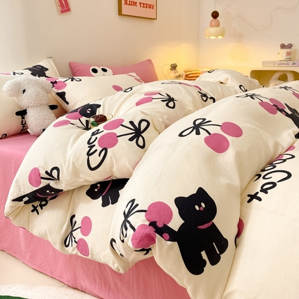 葡萄家 2024新款双层纱云柔水洗棉萌趣卡通系列四件套（提供买家秀联系客服） 樱桃小猫