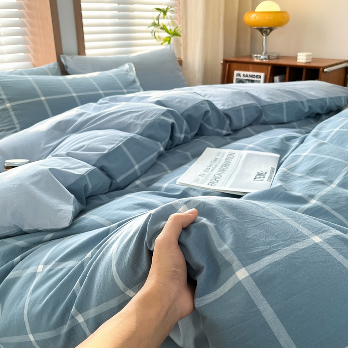 91家纺网 家纺一手货源 找家纺 启程家纺 2026新款全棉A类水洗棉多规格四件套单品-四件套 蓝灰中格