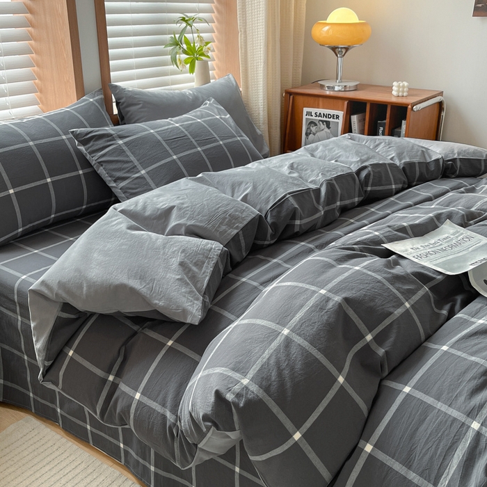 91家纺网 家纺一手货源 找家纺 启程家纺 2026新款全棉A类水洗棉多规格四件套单品-四件套 暗灰中格