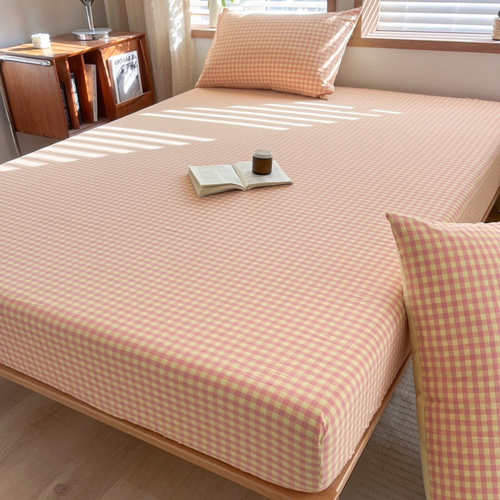 91家纺网 家纺一手货源 找家纺 启程家纺 2026新款全棉A类水洗棉多规格四件套单品-单床笠 黄粉小格