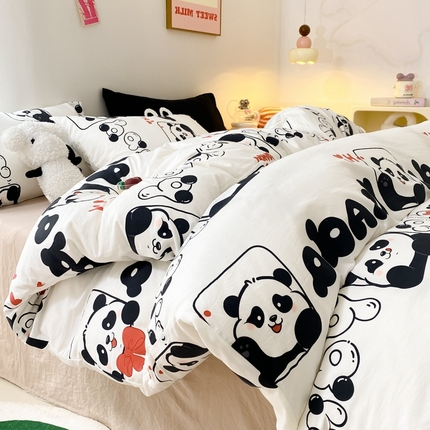葡萄家 2024新款双层纱云柔水洗棉萌趣卡通系列四件套（提供买家秀联系客服） 可爱熊猫