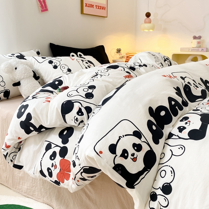 91家纺网 家纺一手货源 找家纺 葡萄家 2024新款双层纱云柔水洗棉萌趣卡通系列四件套（提供买家秀联系客服） 可爱熊猫
