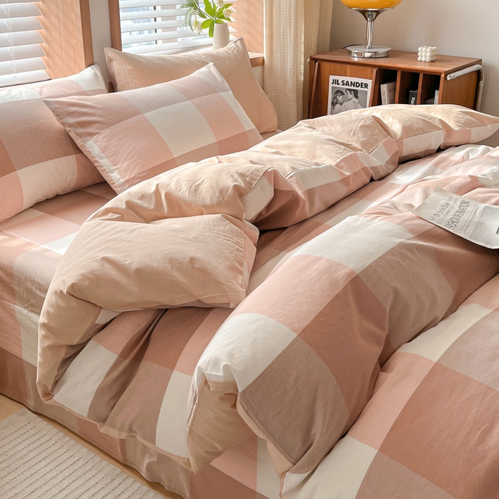 91家纺网 家纺一手货源 找家纺 启程家纺 2026新款全棉A类水洗棉多规格四件套单品-四件套 粉大格