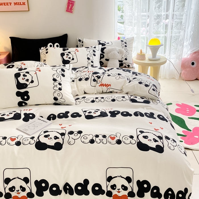 91家纺网 家纺一手货源 找家纺 葡萄家 2024新款双层纱云柔水洗棉萌趣卡通系列四件套（提供买家秀联系客服） 可爱熊猫