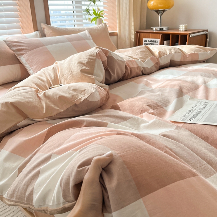 91家纺网 家纺一手货源 找家纺 启程家纺 2026新款全棉A类水洗棉多规格四件套单品-四件套 粉大格