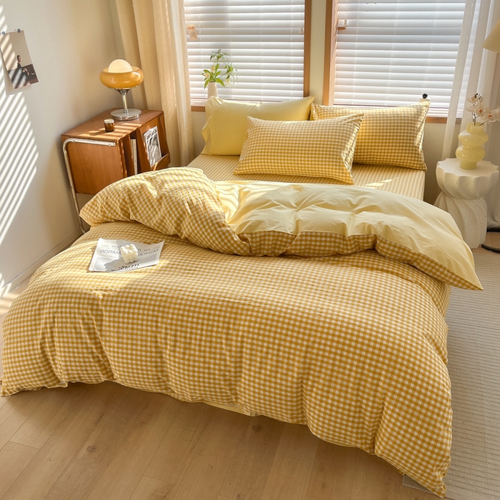 91家纺网 家纺一手货源 找家纺 启程家纺 2026新款全棉A类水洗棉多规格四件套单品-四件套 黄小格