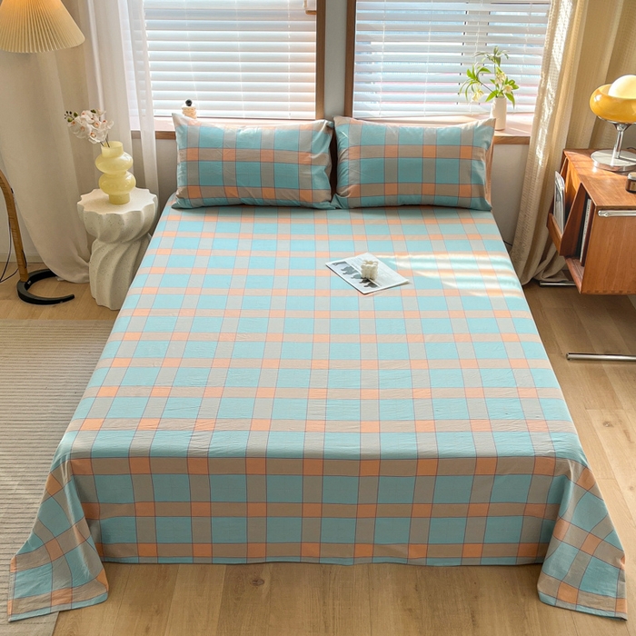 91家纺网 家纺一手货源 找家纺 启程家纺 2026新款全棉A类水洗棉多规格四件套单品-单床单 云华绿大格