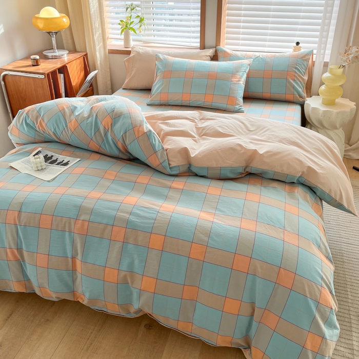 91家纺网 家纺一手货源 找家纺 启程家纺 2026新款全棉A类水洗棉多规格四件套单品-四件套 云华绿大格