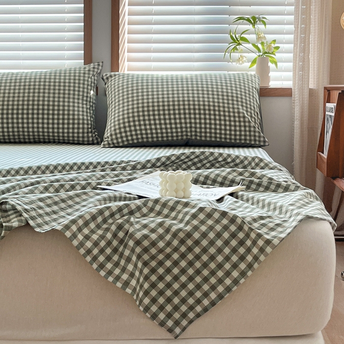 91家纺网 家纺一手货源 找家纺 启程家纺 2026新款全棉A类水洗棉多规格四件套单品-单床单 绿小格