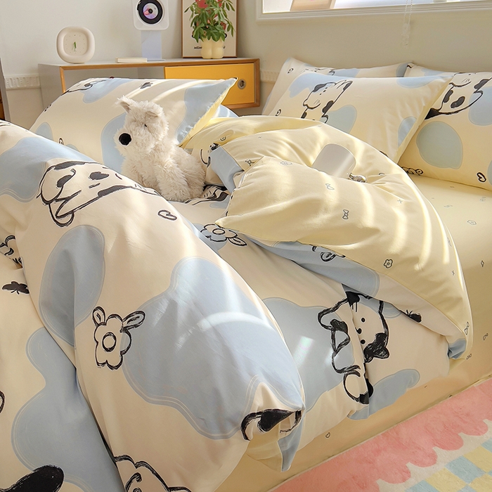 91家纺网 家纺一手货源 找家纺 百寐2024新款小清新碎花卡通13372全棉四件套纯棉床单床笠款 奶牛猫