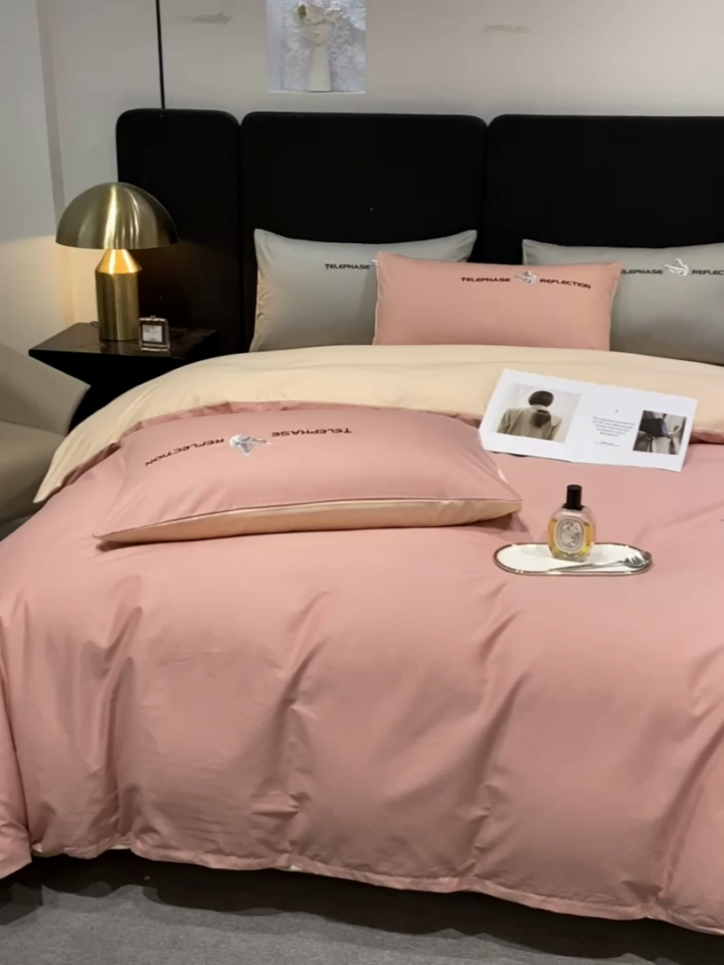 91家纺网 家纺一手货源 找家纺 澳梵家居 2024新款60支全棉刺绣四件套-梦蝶系列 梦蝶-香叶粉