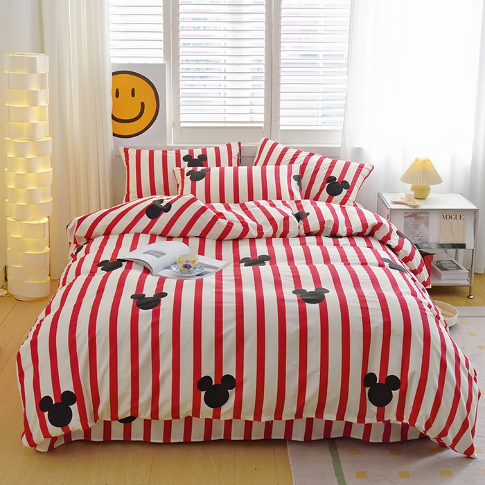 91家纺网 家纺一手货源 找家纺 启优家纺 2024新款全棉13070四件套 条纹米奇