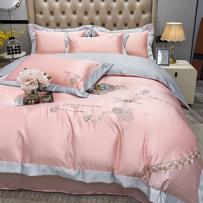 91家纺网 家纺一手货源 找家纺 欧冠家纺 2024新款绣花水洗真丝四件套莱娅四件套 莱娅-粉色