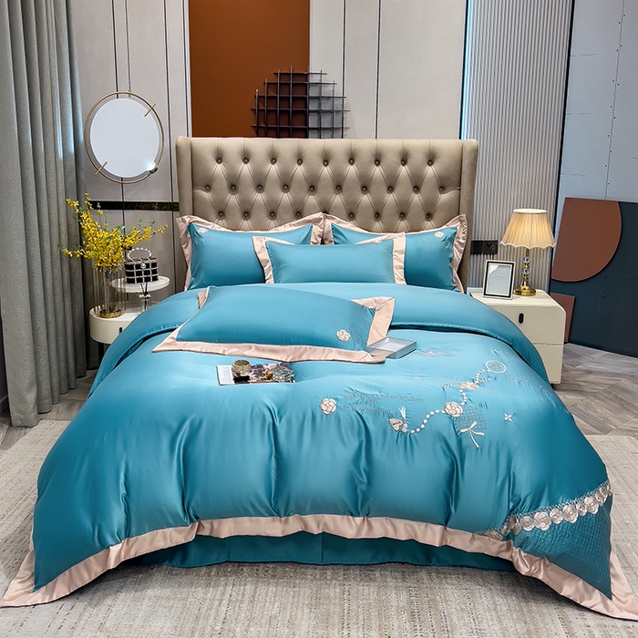 91家纺网 家纺一手货源 找家纺 欧冠家纺 2024新款绣花水洗真丝四件套莱娅四件套 莱娅-孔雀蓝