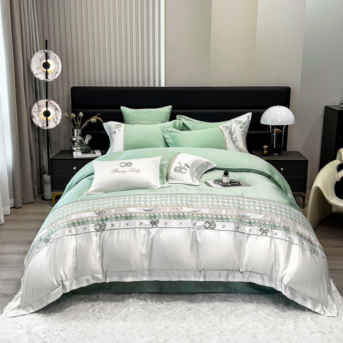 91家纺网 家纺一手货源 找家纺 欧冠家纺 2024新款绣花水洗真丝伊丽莎白四件套 伊丽莎白-抹茶绿