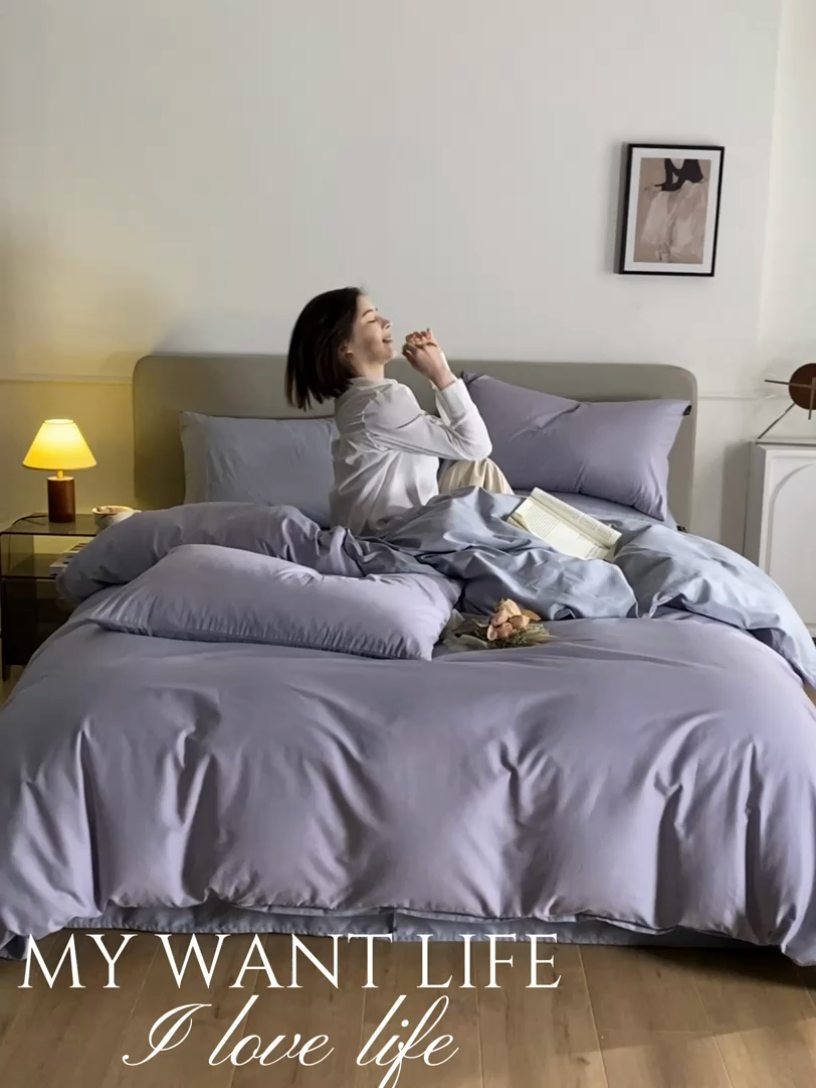 91家纺网 家纺一手货源 找家纺 澳梵家居 2024新款60支全棉纯色双拼金标款四件套-素写繁华系列 暮山紫-薄雾蓝