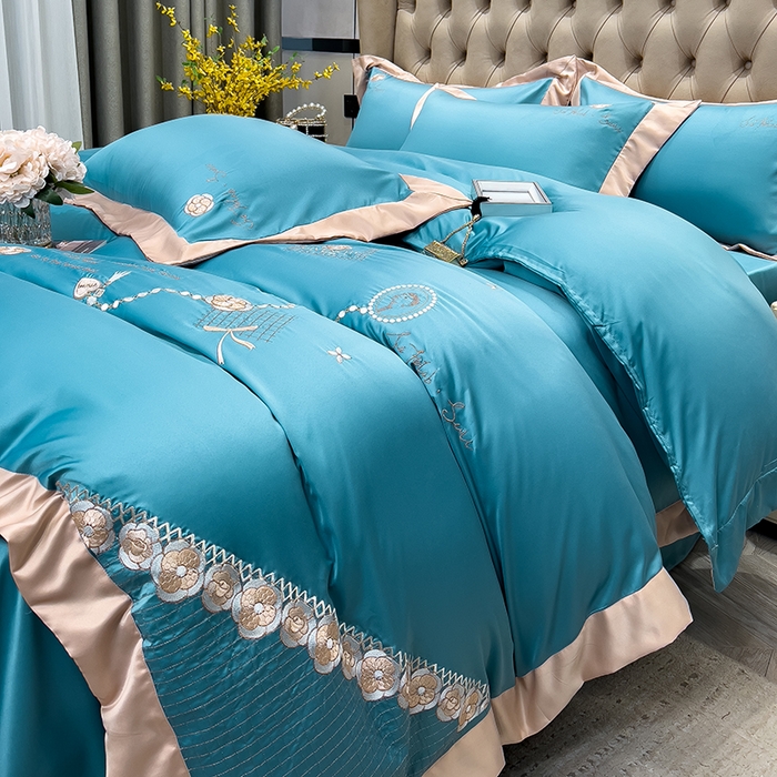 91家纺网 家纺一手货源 找家纺 欧冠家纺 2024新款绣花水洗真丝四件套莱娅四件套 莱娅-孔雀蓝