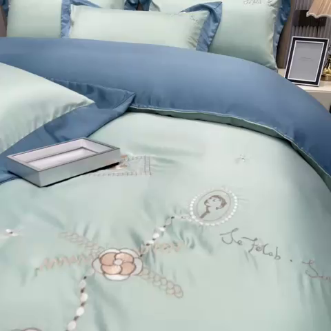 91家纺网 家纺一手货源 找家纺 欧冠家纺 2024新款绣花水洗真丝四件套莱娅四件套 莱娅-薄荷绿