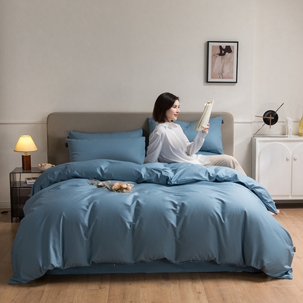 91家纺网 家纺一手货源 找家纺 澳梵家居 2024新款60支全棉纯色双拼金标款四件套-素写繁华系列 绅士蓝