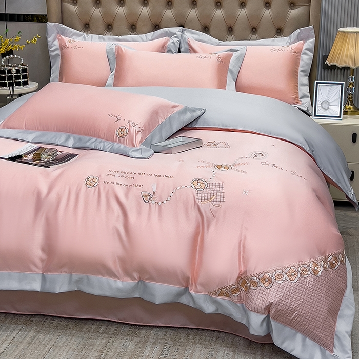 91家纺网 家纺一手货源 找家纺 欧冠家纺 2024新款绣花水洗真丝四件套莱娅四件套 莱娅-粉色