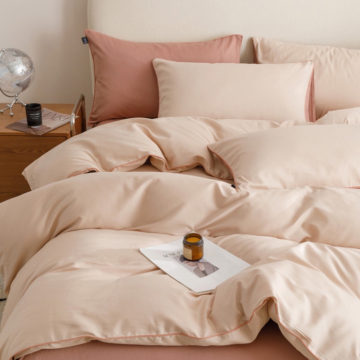 91家纺网 家纺一手货源 找家纺 涵宸家纺 2024新款40支全棉希腊麻绳款四件套 希腊（杏色+豆其）