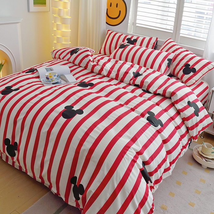 91家纺网 家纺一手货源 找家纺 启优家纺 2024新款全棉13070四件套 条纹米奇