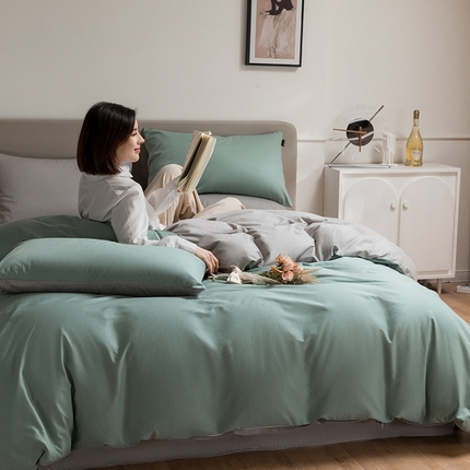 澳梵家居 2024新款60支全棉纯色双拼金标款四件套-素写繁华系列 烟波绿-椰子灰