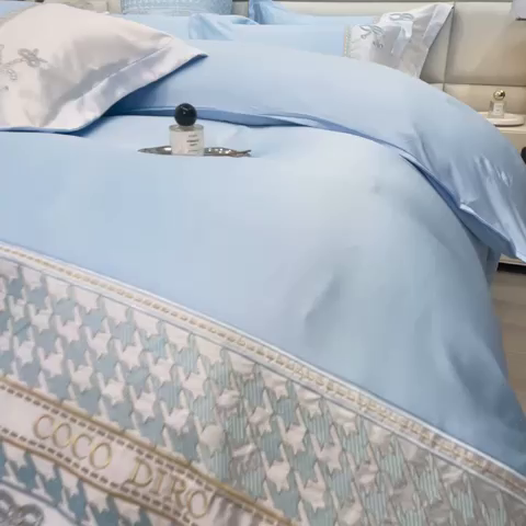 91家纺网 家纺一手货源 找家纺 欧冠家纺 2024新款绣花水洗真丝伊丽莎白四件套 伊丽莎白-梵星蓝