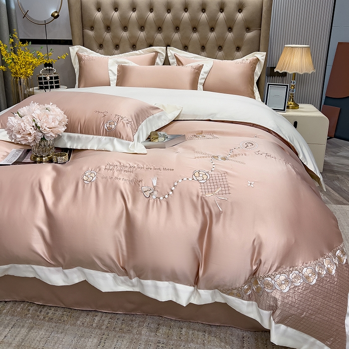 91家纺网 家纺一手货源 找家纺 欧冠家纺 2024新款绣花水洗真丝四件套莱娅四件套 莱娅-香槟金