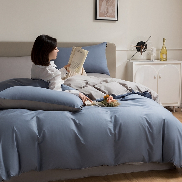 91家纺网 家纺一手货源 找家纺 澳梵家居 2024新款60支全棉纯色双拼金标款四件套-素写繁华系列 莱茵蓝-椰子灰