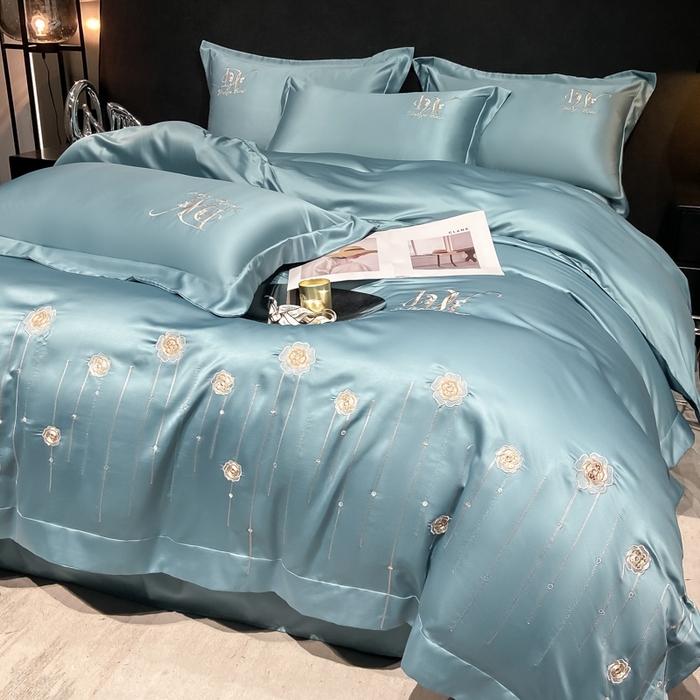 91家纺网 家纺一手货源 找家纺 欧冠家纺 2024新款水洗真丝绣花爱媛四件套 爱媛-星月蓝