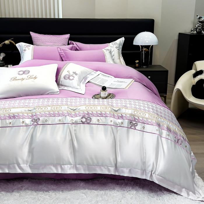 91家纺网 家纺一手货源 找家纺 欧冠家纺 2024新款绣花水洗真丝伊丽莎白四件套 伊丽莎白-素雅紫