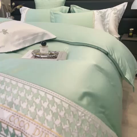 91家纺网 家纺一手货源 找家纺 欧冠家纺 2024新款绣花水洗真丝伊丽莎白四件套 伊丽莎白-抹茶绿