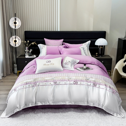 欧冠家纺 2024新款绣花水洗真丝伊丽莎白四件套 伊丽莎白-素雅紫