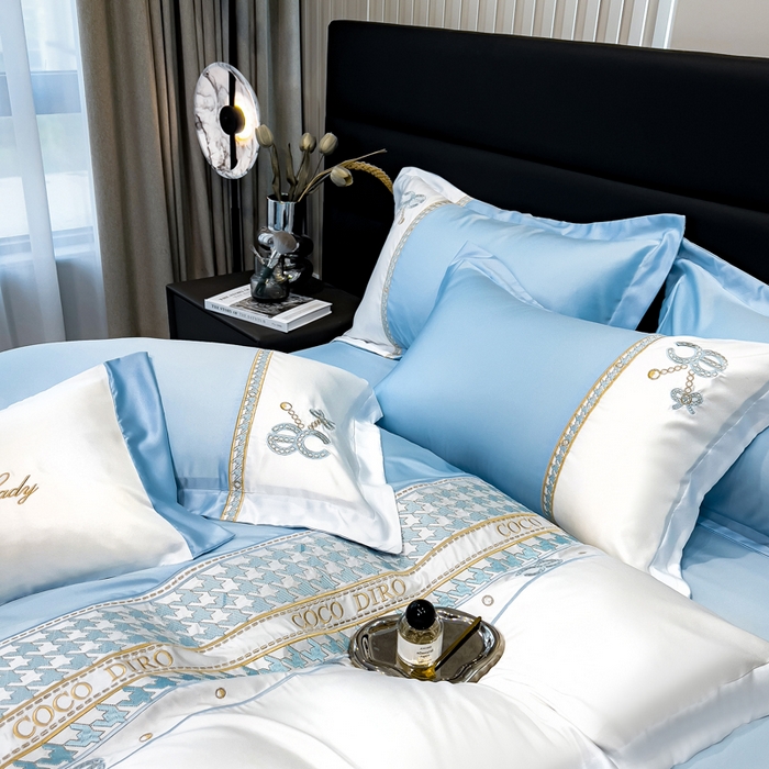 91家纺网 家纺一手货源 找家纺 欧冠家纺 2024新款绣花水洗真丝伊丽莎白四件套 伊丽莎白-梵星蓝