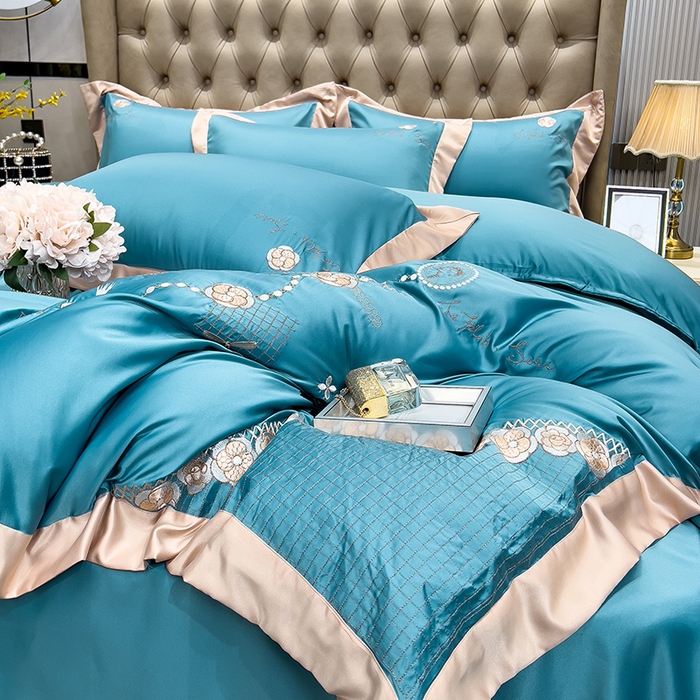 91家纺网 家纺一手货源 找家纺 欧冠家纺 2024新款绣花水洗真丝四件套莱娅四件套 莱娅-孔雀蓝