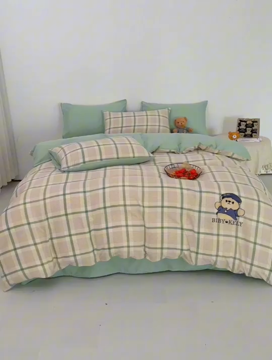 91家纺网 家纺一手货源 找家纺 潮邦创意家居 2025新款春夏亲肤水洗棉刺绣四件套-贝恩熊 贝恩熊-英伦绿