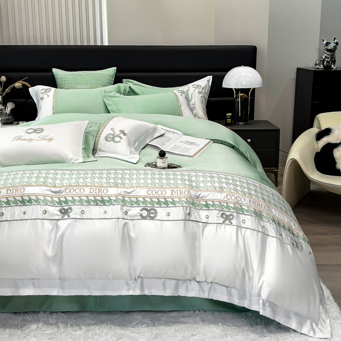 91家纺网 家纺一手货源 找家纺 欧冠家纺 2024新款绣花水洗真丝伊丽莎白四件套 伊丽莎白-抹茶绿