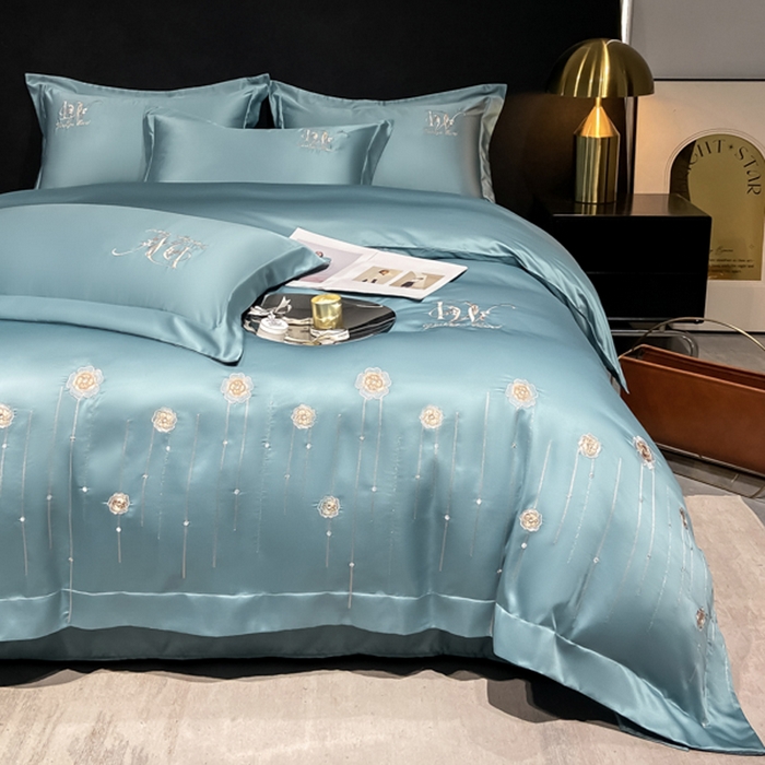 91家纺网 家纺一手货源 找家纺 欧冠家纺 2024新款水洗真丝绣花爱媛四件套 爱媛-星月蓝