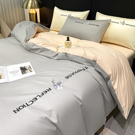 澳梵家居 2024新款60支全棉刺绣四件套-梦蝶系列 梦蝶-山灰