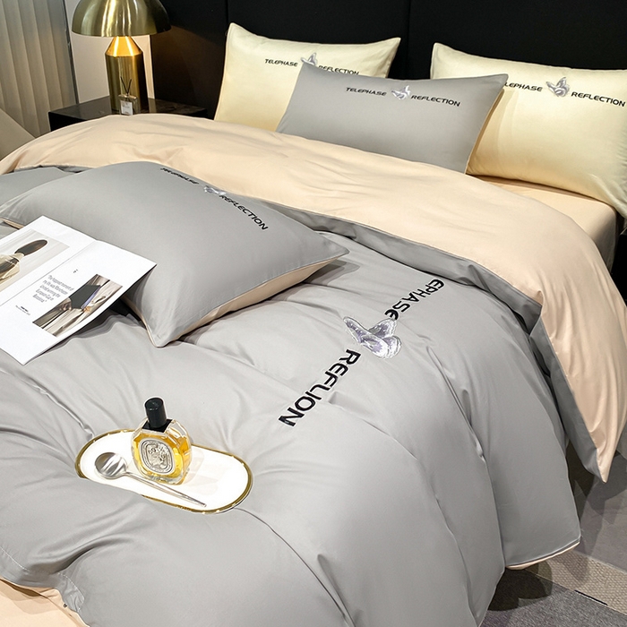 91家纺网 家纺一手货源 找家纺 澳梵家居 2024新款60支全棉刺绣四件套-梦蝶系列 梦蝶-山灰