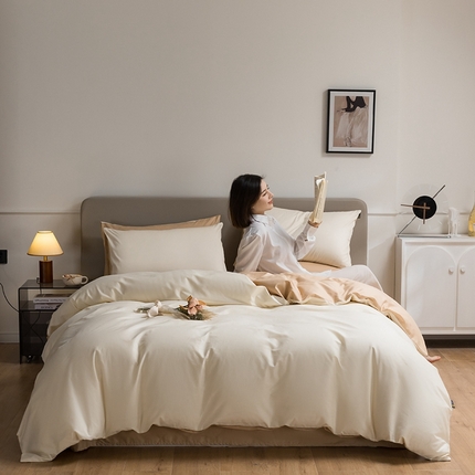 91家纺网 家纺一手货源 找家纺 澳梵家居 2024新款60支全棉纯色双拼金标款四件套-素写繁华系列 奶昔白-奇遇金