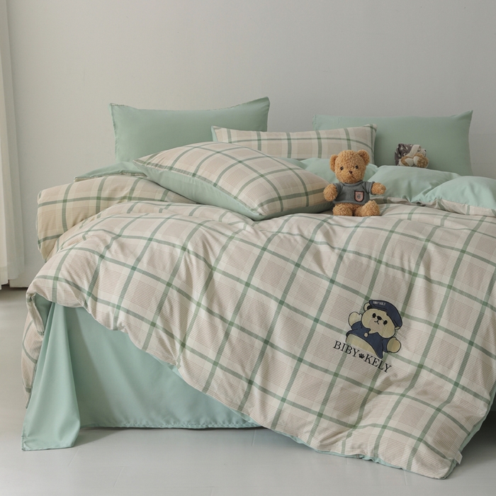 91家纺网 家纺一手货源 找家纺 潮邦创意家居 2025新款春夏亲肤水洗棉刺绣四件套-贝恩熊 贝恩熊-英伦绿